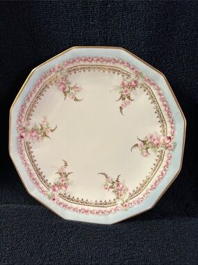 LS&S Limoges France Vintage Pink Rose Garlands Gold Rim Plate Pale Blue Border